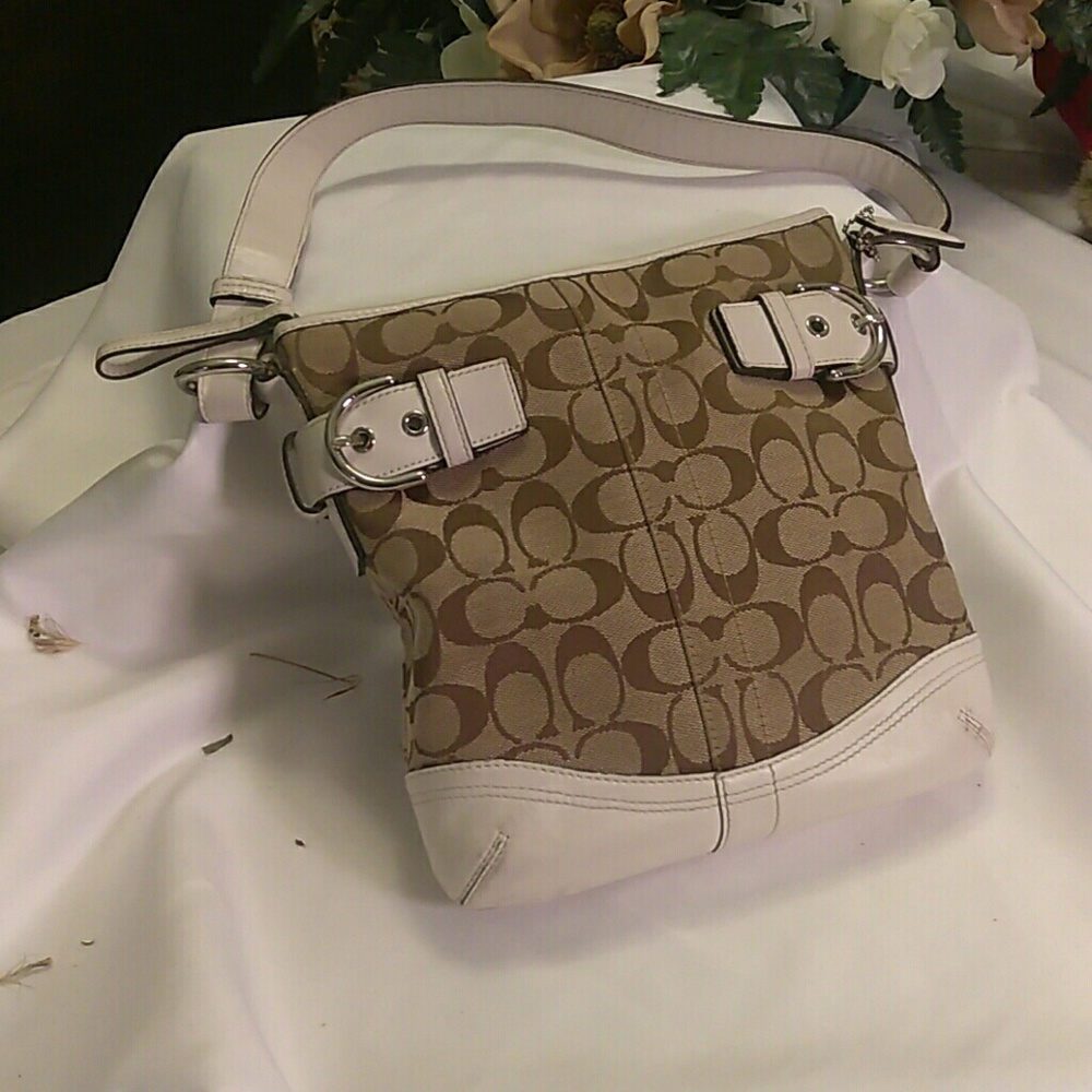 Coach ladies tan and white shoulder bag